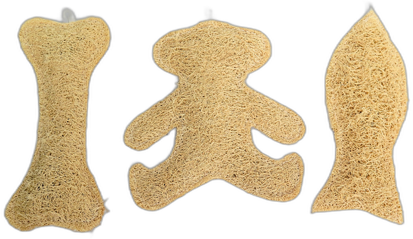 Natural loofah pet toys shaped as a bone, teddy bear and fish